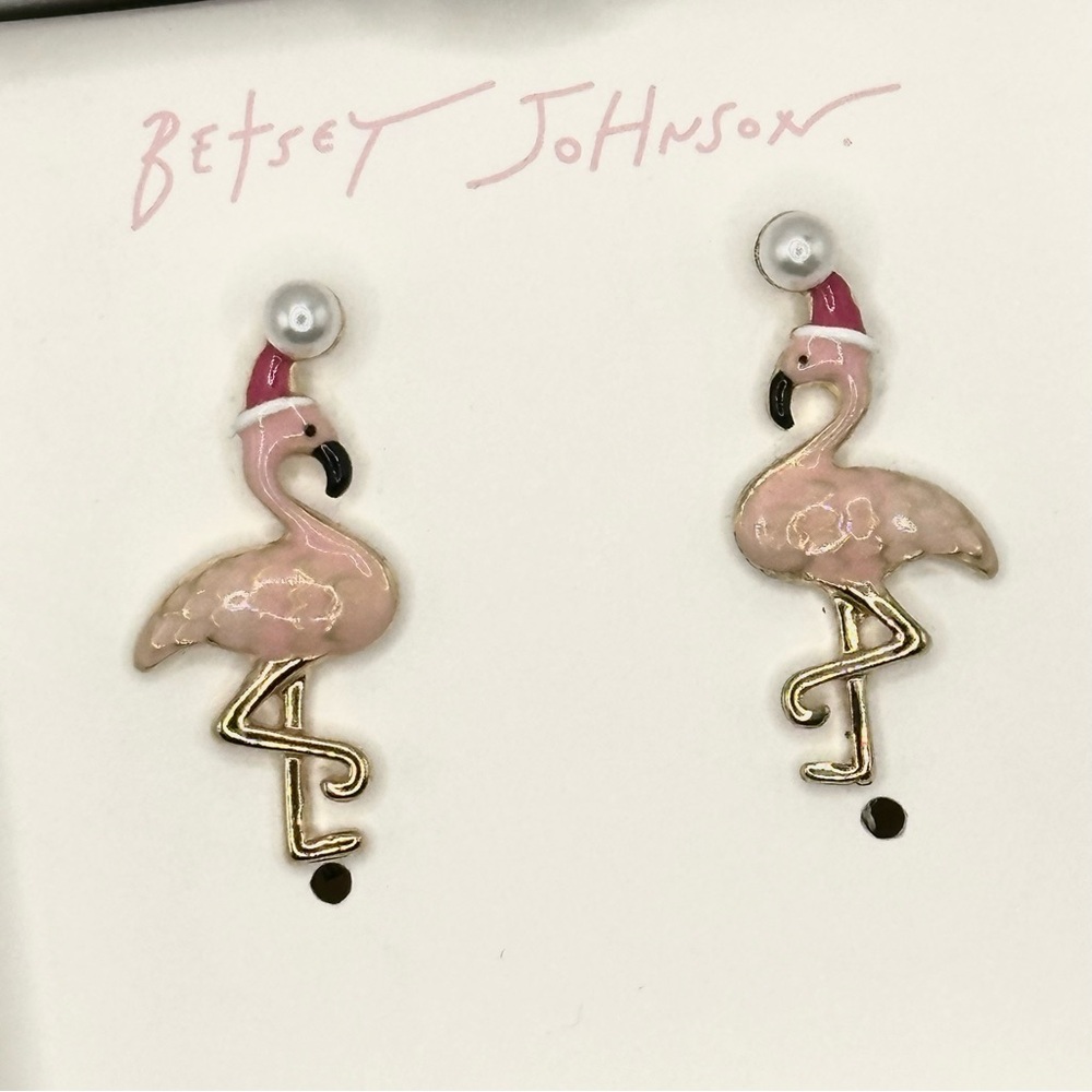 Betsey Johnson Christmas Pink Flamingo Earrings - Picture 2 of 4